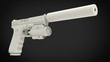 White modern handgun with silencer and laser sight attachment photo