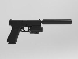 Black handgun with slencer and laser point sight on light gray background photo