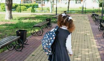 alumno con mochila y en un colegio uniforme en colegio yarda espalda a el marco. espalda a escuela, septiembre 1. un contento alumno. primario educación, elemental clase. la carretera a vida, a conocimiento foto