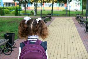 Pupil with backpack and in a school uniform in school yard back to the frame. Back to school, September 1. A happy student. Primary education, elementary class. Road to life, to knowledge photo