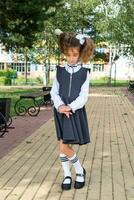 Cheerful funny girl with a toothless smile in a school uniform with white bows in school yard. Back to school, September 1. A happy pupil. Primary education, elementary class. Portrait of a student photo