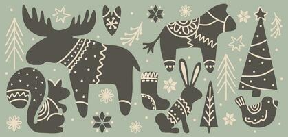 escandinavo Navidad. vector conjunto de decorativo elementos. animales, árboles, copos de nieve en escandinavo estilo