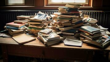 Books arrangement stack of books on table knowledge education WORLD BOOK AND COPYRIGHT DAY. photo