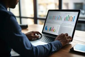 Infographic with charts and diagrams on laptop screen. Generative AI photo