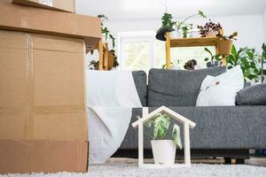 cajas con cosas para Moviente y casa plantas son en el habitación de el nuevo casa. estreno de una casa, familia propiedad, carga transporte y entrega de cosas foto