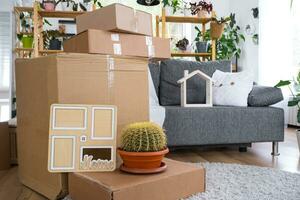 Boxes with things for moving and house plants are in the room of the new house. Housewarming, family property, cargo transportation and delivery of things photo