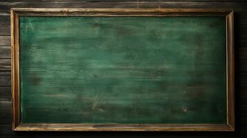 Empty green chalkboard background with wooden frame. Dirty erased chalk texture on blank blackboard with copyspace and wood border. Restaurant menu or back to school education concept. Generative AI photo