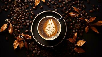 High angle cup of cappuccino with latte art on dark background. Beautiful wheat pulled into the foam, greenery ceramic cup, lots of coffee beans and leaf beside the glass. Generative AI photo