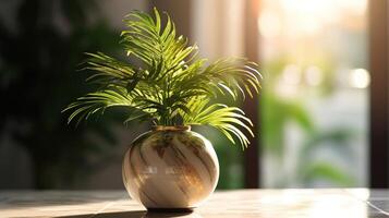 Realistic photo of a Tropical plant in a marble vase. with natural light condition. AI Generated