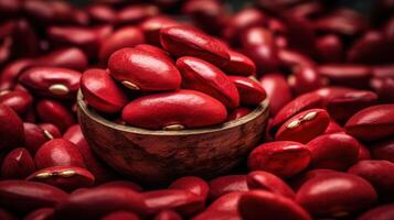 Realistic photo of a bunch of red kidney bean. top view vegetables scenery.