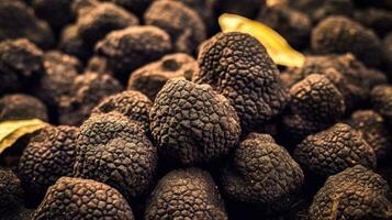 Realistic photo of a bunch of black truffle. top view vegetables scenery. AI Generated