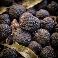 Realistic photo of a bunch of black truffle. top view vegetables scenery. AI Generated