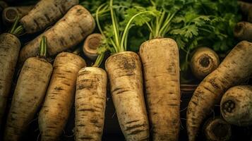 Realistic photo of a bunch of parsnip. top view vegetables scenery. AI Generated