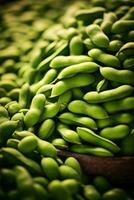 Realistic photo of a bunch of edamame. top view vegetables scenery. AI Generated