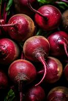 Realistic photo of a bunch of beetroot. top view vegetables scenery. AI Generated