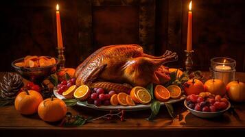 realista foto de asado Turquía rodeando por Fruta en un cena mesa. Acción de gracias evento. de cerca comida fotografía. ai generado