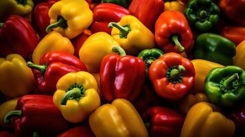 Realistic photo of a bunch of bell peppers. top view vegetables scenery.