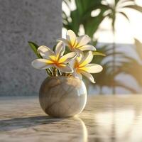 Realistic photo of a Tropical plant in a marble vase. with natural light condition. AI Generated