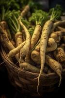 Realistic photo of a bunch of parsnip. top view vegetables scenery. AI Generated