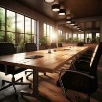 Realistic photo of a small and modern style Conference Room. with warm light condition. AI Generated