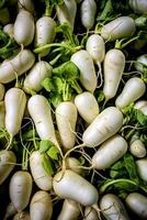 Realistic photo of a bunch of white radish. top view vegetables scenery. AI Generated