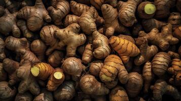 Realistic photo of a bunch of ginger. top view vegetables scenery.