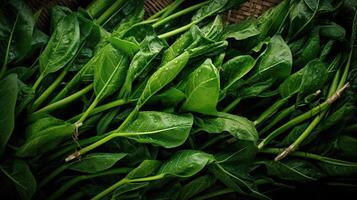 Realistic photo of a bunch of kangkong. top view vegetables scenery. AI Generated