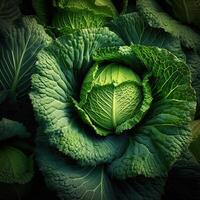 Realistic photo of a bunch of green cabbage. top view vegetables scenery.