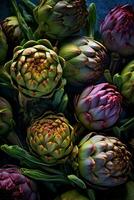 Realistic photo of a bunch of artichokes. top view vegetables scenery. AI Generated