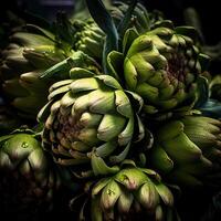 Realistic photo of a bunch of artichokes. top view vegetables scenery. AI Generated