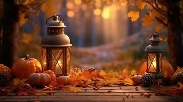 Realistic photo of Autumn Set and Decorations. with warm light condition. AI Generated