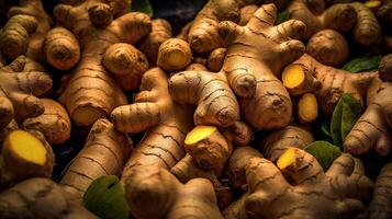 Realistic photo of a bunch of ginger. top view vegetables scenery. AI Generated