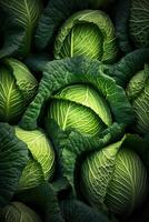 Realistic photo of a bunch of green cabbage. top view vegetables scenery. AI Generated