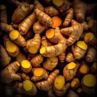 Realistic photo of a bunch of turmeric. top view vegetables scenery.