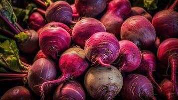 Realistic photo of a bunch of beetroot. top view vegetables scenery. AI Generated