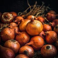 Realistic photo of a bunch of sweet onion. top view vegetables scenery. AI Generated