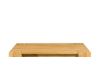Wooden table top surface isolated over white background. Solid wood furniture close view 3D illustration. Empty table top cooking presentation template photo