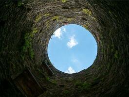 Stone well hole, old construction from inside, brick walls and blue sky background, fall down in the well concept photo