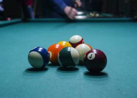 Billiard balls on a pool table photo