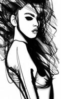 Young woman sketchy illustration, fantasy girl portrait pencil drawing photo