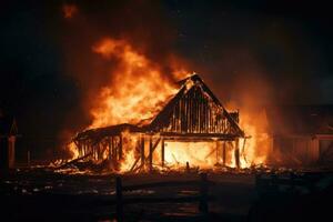 un de madera casa o granero ardiente a noche en fuego. generado por ai foto