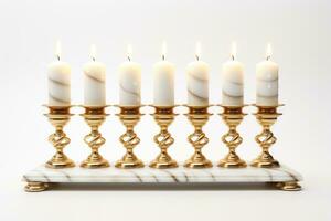 Burning minor candles in a golden candelabrum on a white background. AI-Generated photo