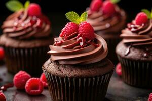 de cerca de delicioso chocolate magdalenas con frambuesas generado por ai foto