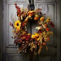 A wreath of autumn flowers on the front door for Thanksgiving. AI-Generated photo