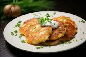 Potato pancakes draniki with herbs and sour cream. AI generated photo