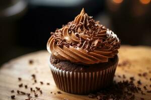 A chocolate cupcake with chocolate cream and chocolate chips stands. AI generated photo