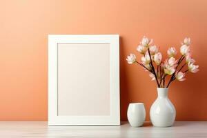 Layout of a white frame on a table with a vase. AI Generated photo