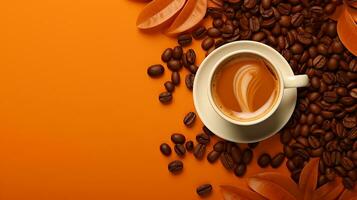 High angle cup of cappuccino with latte art on brown background. Beautiful wheat pulled into the foam, greenery ceramic cup, lots of coffee beans and leaf beside the glass. Generative AI photo