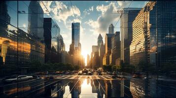 Reflective skyscrapers, business office buildings. low angle view of skyscrapers in city, sunny day. Business wallpaper with modern high-rises with mirrored windows. Generative AI photo