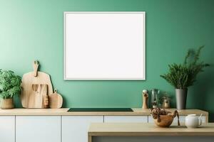 Mock up poster frame in kitchen interior on empty green color wall background. Generative AI photo